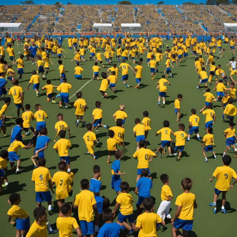 Large group of children in yellow shirts and blue shorts running on a green field at a packed stadium, with stands filled with spectators under a sunny sky.