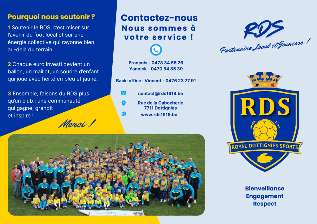Group photo of players and staff in blue and yellow uniforms on a field, part of an RDS promotional poster with logos and contact info.