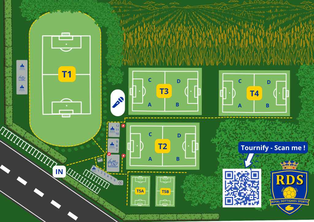 Top-down map of a sports complex showing fields labeled T1, T2, T3, T4, with surrounding greenery and a QR code nearby.