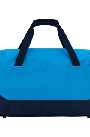 Blue and navy duffel bag with two carrying handles and zippered ends, standing upright.