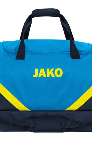 Blue duffel bag with navy sides and yellow chevrons, featuring the JAKO logo on the front.