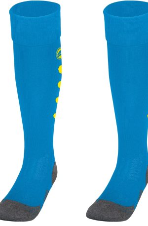 Two blue knee-high athletic socks with grey toes and heels, featuring yellow circular accents along the sides.