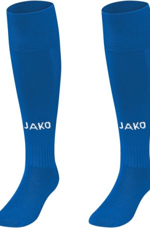 Pair of blue knee-high athletic socks with white JAKO logo