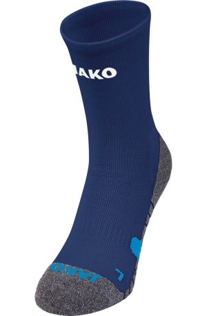 Blue athletic sock with gray reinforced toe and heel, brand logo visible along the cuff and toe area.