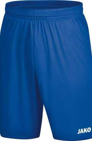 Blue athletic shorts with an elastic waistband and JAKO logo at the bottom-right leg.