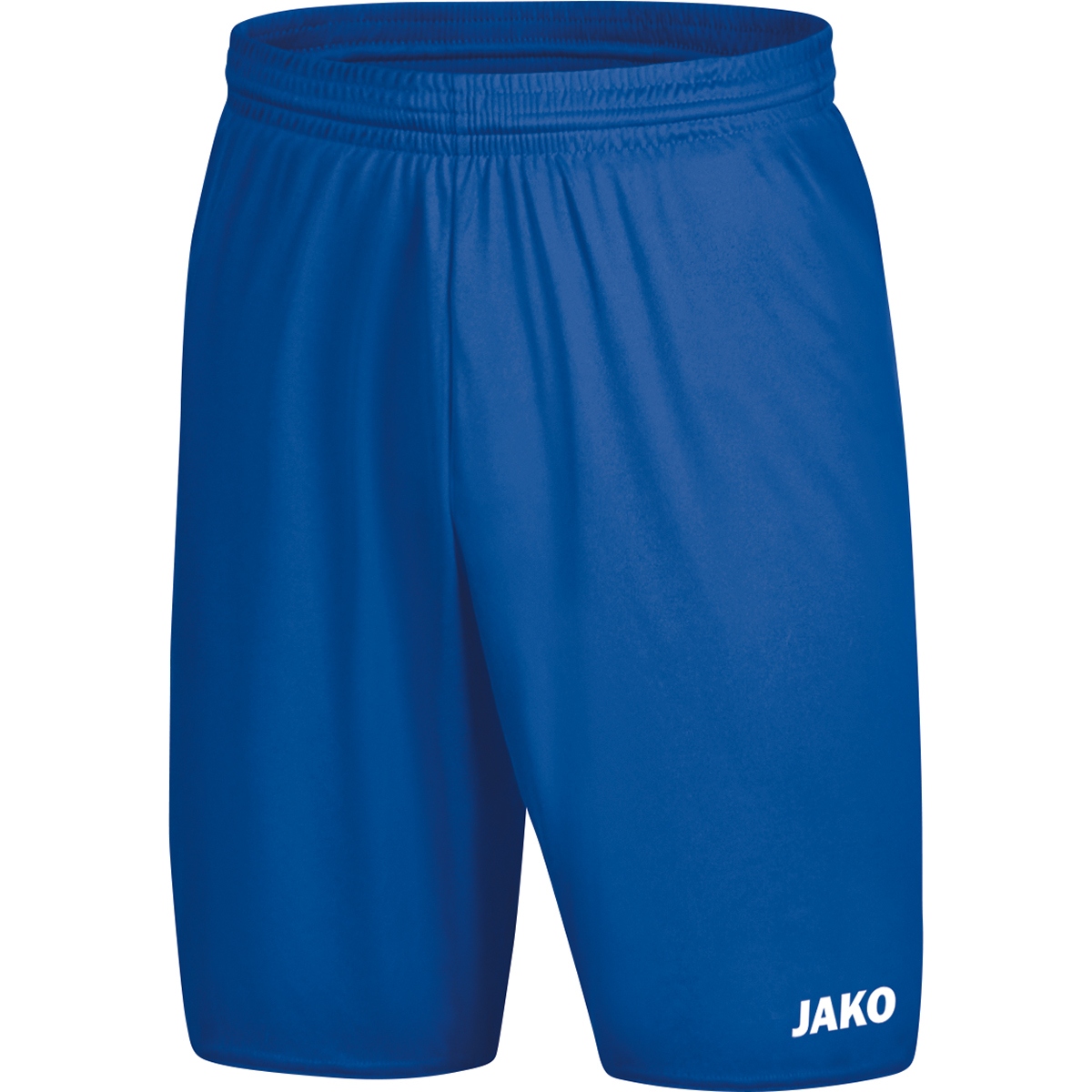 Blue athletic shorts with an elastic waistband and JAKO logo at the bottom-right leg.