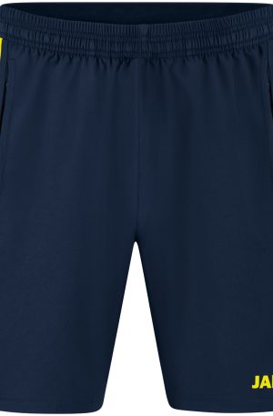 Navy blue athletic shorts with yellow side stripes, elastic waistband, and JAKO logo at bottom right.