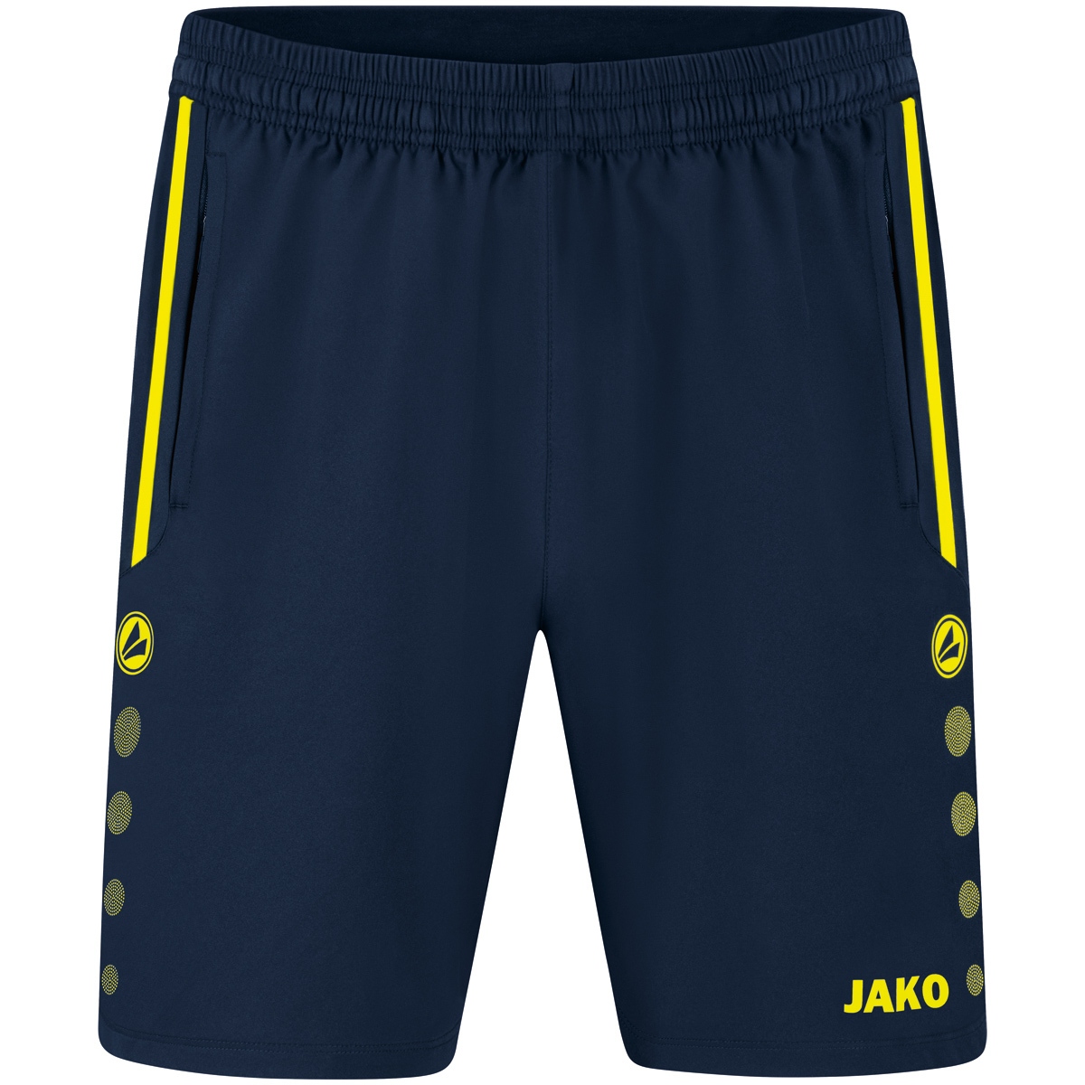 Navy blue athletic shorts with yellow side stripes, elastic waistband, and JAKO logo at bottom right.