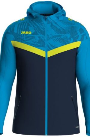 Blue and navy hooded athletic jacket with a neon yellow chevron across the chest and front zipper.