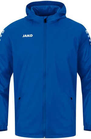 Blue JAKO hooded windbreaker with full zipper and side pockets.