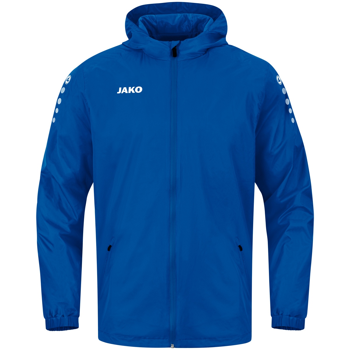 Blue JAKO hooded windbreaker with full zipper and side pockets.