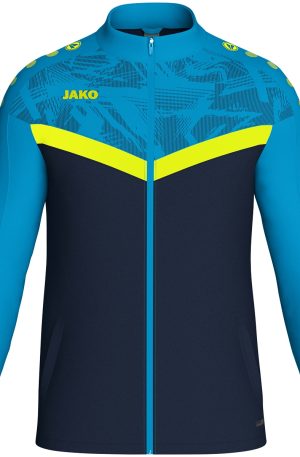 Blue and navy JAKO sports jacket with neon yellow chevron across chest and full-length zipper.