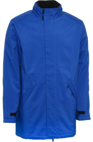 Blue waterproof parka-style jacket with a high standing collar, full zipper, and two front hand pockets.