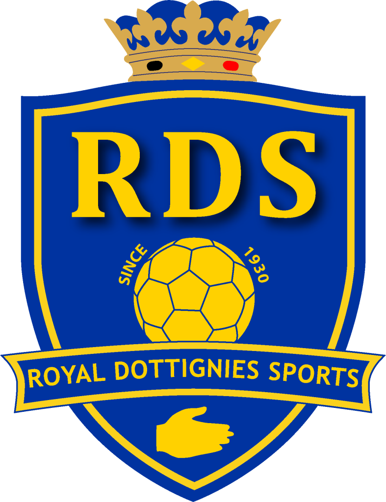 Blue shield crest with a gold crown on top, large yellow letters 'RDS', a yellow soccer ball, and a yellow ribbon reading 'ROYAL DOTTIGNES SPORTS' at the bottom