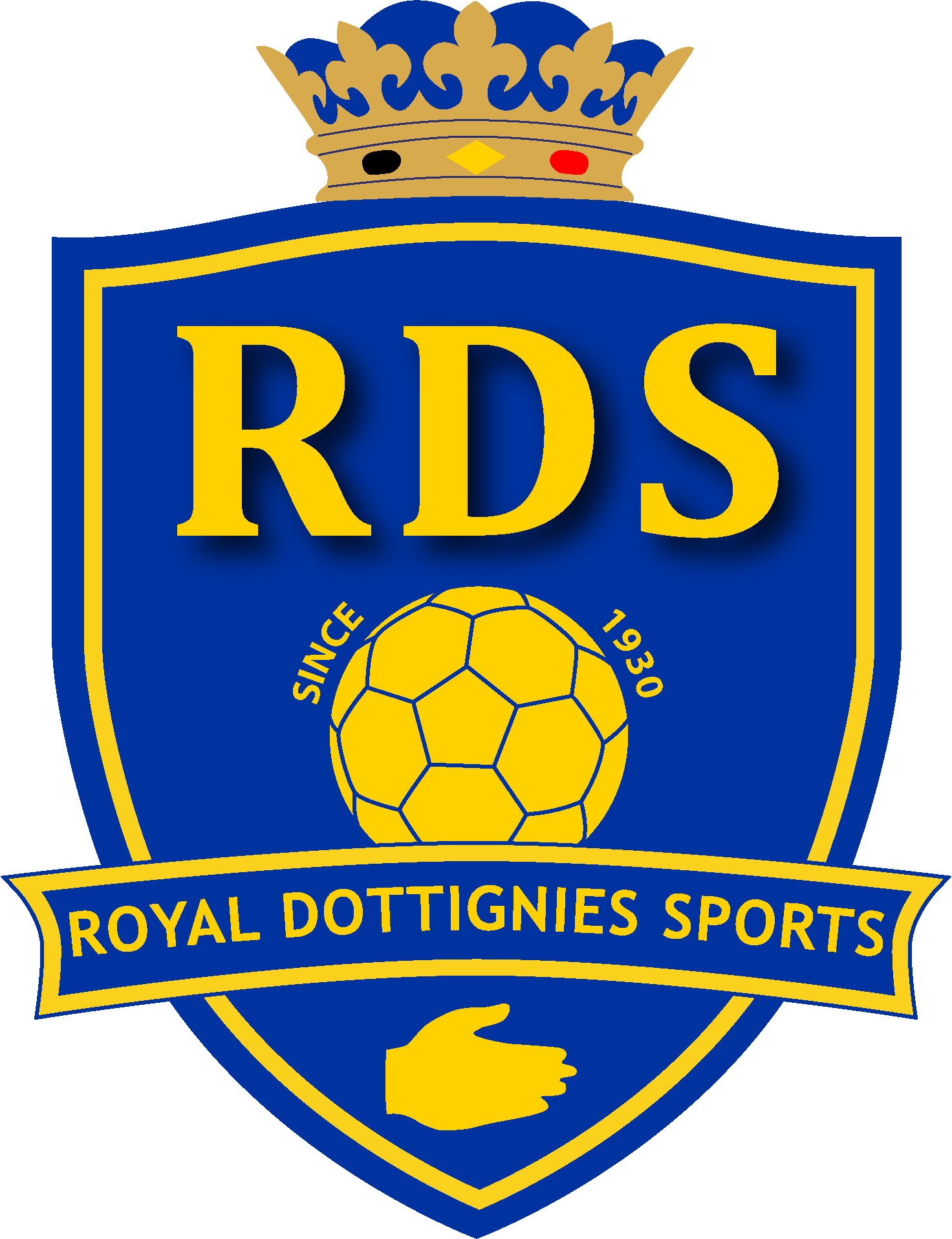 Blue shield crest with a gold crown on top, large yellow letters 'RDS', a yellow soccer ball, and a yellow ribbon reading 'ROYAL DOTTIGNES SPORTS' at the bottom
