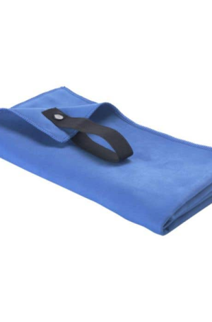 Folded blue microfiber towel with a black fabric loop closing strap on top.